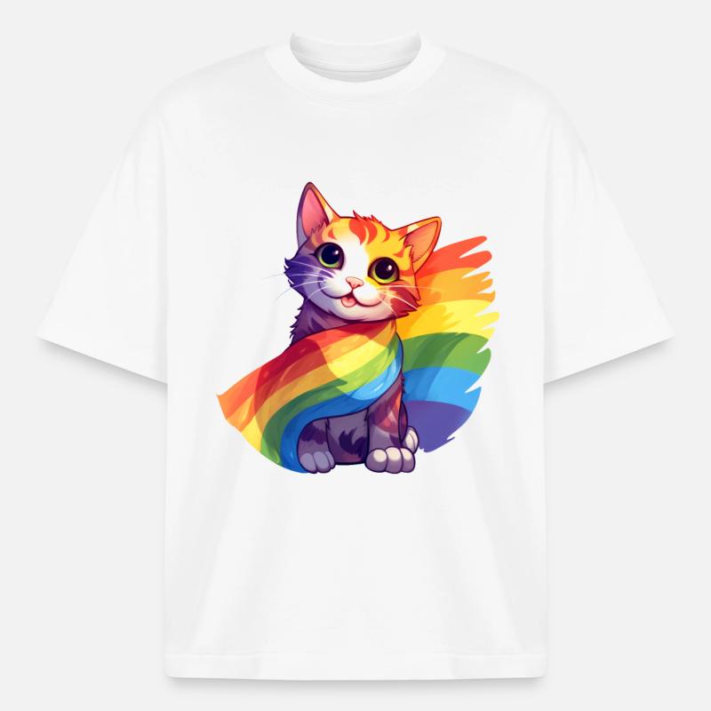 Pride Cat – Bunte Regenbogen-Katze mit Flagge - Boxy Heavyweight Unisex Organic T-Shirt von Stanley/Stella - Weiß