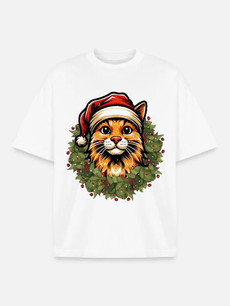 Christmas Cat with Hat - Festive Design - Boxy Heavyweight Unisex Organic T-Shirt by Stanley/Stella - white