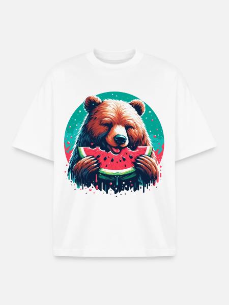 Watermelon Bear Yummy Gift - Boxy Heavyweight Unisex Organic T-Shirt by Stanley/Stella - white