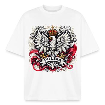 Poland Polska Polish Coat of Arms Eagle Flag Gift - Boxy Heavyweight Unisex Organic T-Shirt by Stanley/Stella - white - Front - AI Model Male 185 light (185cm) & AI Model Female 172 dark (172cm)