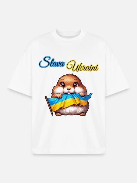 Cute prairie dog with Ukraine flag - Boxy Heavyweight Unisex Organic T-Shirt by Stanley/Stella - white
