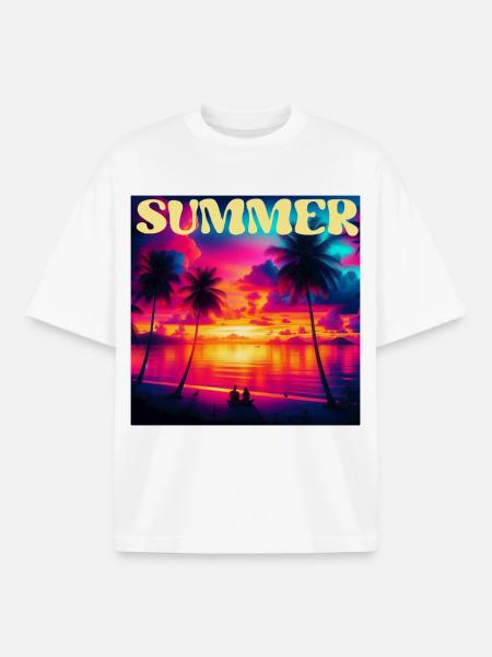 Summer Palm Tree Sunset Retro - Boxy Heavyweight Unisex Organic T-Shirt by Stanley/Stella - white
