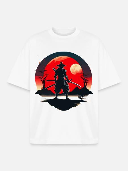 Samurai-Silhouette mit rotem Mondhintergrund - Boxy Heavyweight Unisex Organic T-Shirt von Stanley/Stella - Weiß