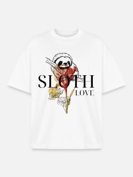 Mystical Flowers & Sloth – Fineline Art - Boxy Heavyweight Unisex Organic T-Shirt by Stanley/Stella - white