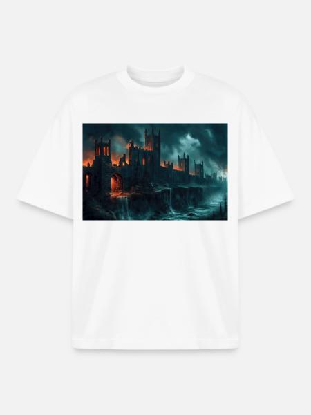 Poster Illustration Medieval Landscape in Ruins - Boxy Heavyweight Unisex Organic T-Shirt by Stanley/Stella - white