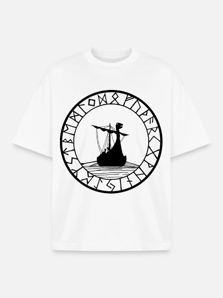 Black Viking longship and compass - Boxy Heavyweight Unisex Organic T-Shirt by Stanley/Stella - white