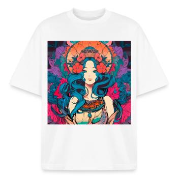 Mystic Flower Woman Psychedelic Rock Art Nouveau - Boxy Heavyweight Unisex Organic T-Shirt by Stanley/Stella - white - Front - AI Model Male 185 light (185cm) & AI Model Female 172 dark (172cm)