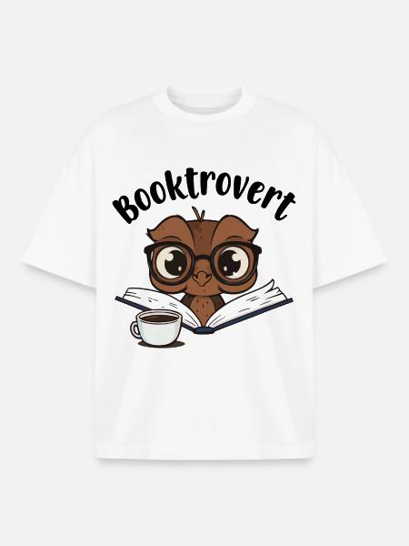 Booktrovert Owl with Book and Coffee - Boxy Heavyweight Unisex Organic T-Shirt by Stanley/Stella - white