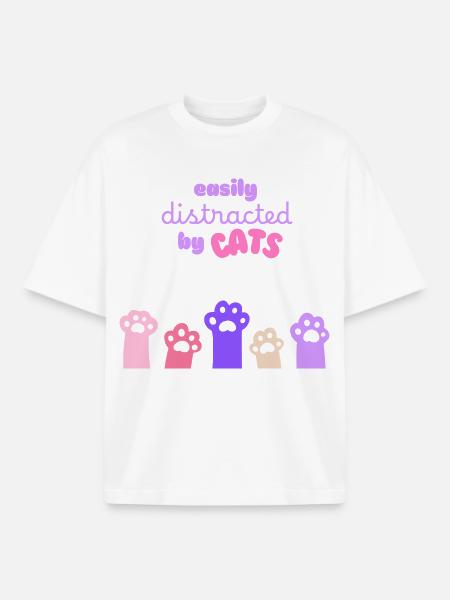 Easily Distracted by Cats – Funny Design - Boxy Heavyweight Unisex Organic T-Shirt by Stanley/Stella - white