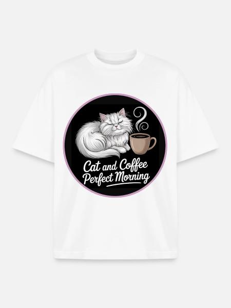 Cat Morning Time Coffee Motif - Boxy Heavyweight Unisex Organic T-Shirt by Stanley/Stella - white
