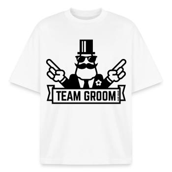Team Groom (Pointing Stag Night Bachelor Party 1C) - Boxy Heavyweight Unisex Organic T-Shirt by Stanley/Stella - white - Front - AI Model Male 185 light (185cm) & AI Model Female 172 dark (172cm)