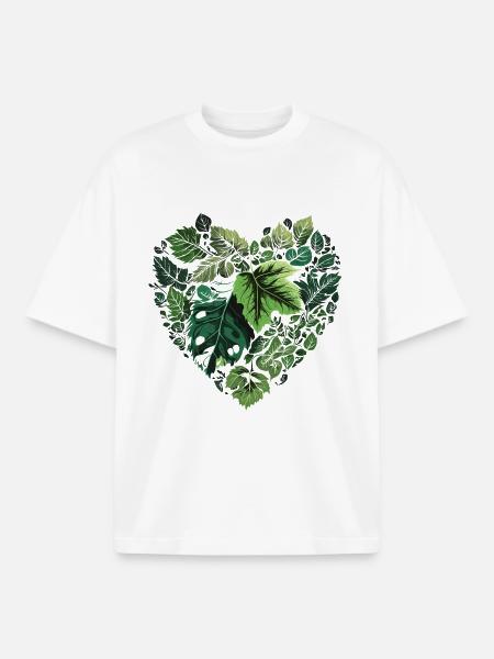 Leaf Heart Nature Pattern - Boxy Heavyweight Unisex Organic T-Shirt by Stanley/Stella - white