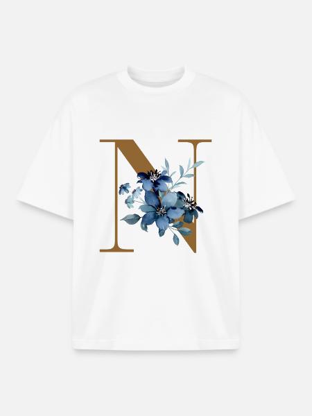 Letter N with blue flowers - Boxy Heavyweight Unisex Organic T-Shirt by Stanley/Stella - white