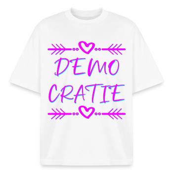 démocratie - T-shirt unisexe boxy épais biologique Stanley/Stella - blanc - Devant - AI Model Male 185 light (185cm) & AI Model Female 172 dark (172cm)