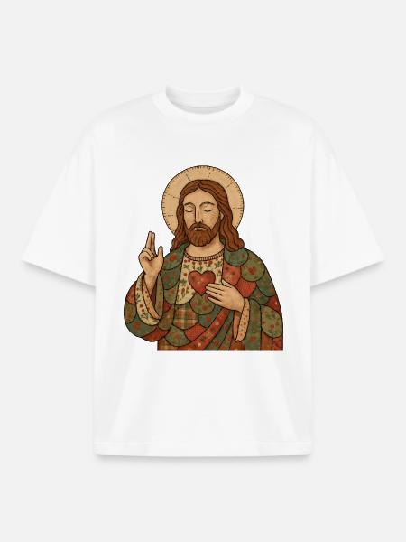 Christmas Patchwork Jesus - Boxy Heavyweight Unisex Organic T-Shirt by Stanley/Stella - white