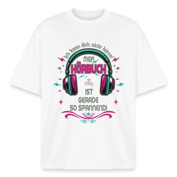 Exciting audio book dark - Boxy Heavyweight Unisex Organic T-Shirt by Stanley/Stella - white - Front - AI Model Male 185 light (185cm) & AI Model Female 172 dark (172cm)