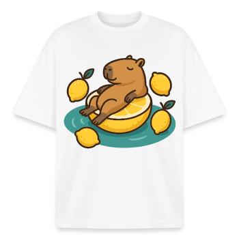 Chilling Capybara on Lemon Cartoon - Boxy Heavyweight Unisex Organic T-Shirt by Stanley/Stella - white - Front - AI Model Male 185 light (185cm) & AI Model Female 172 dark (172cm)