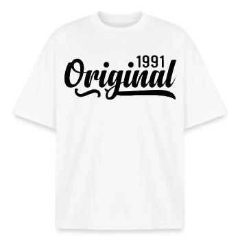 1991 Geburtstag 34 Jahre Alt, retro 1991 - Boxy Heavyweight Unisex Organic T-Shirt von Stanley/Stella - Weiß - Vorne - AI Model Male 185 light (185cm) & AI Model Female 172 dark (172cm)