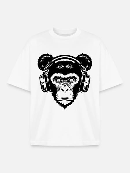 Skateboard Monkey Mane Groove Headphone Shirt - Boxy Heavyweight Unisex Organic T-Shirt by Stanley/Stella - white