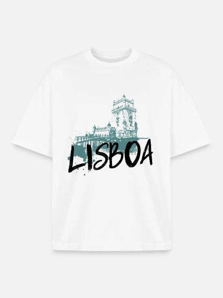 Belem Tower in Lisbon, Turquoise Silhouette - Boxy Heavyweight Unisex Organic T-Shirt by Stanley/Stella - white