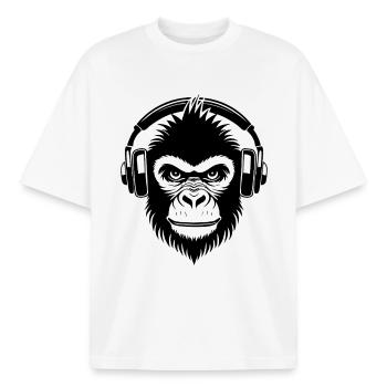 Frecher Comic-Affe mit Kopfhörern Shirt - Boxy Heavyweight Unisex Organic T-Shirt von Stanley/Stella - Weiß - Vorne - AI Model Male 185 light (185cm) & AI Model Female 172 dark (172cm)
