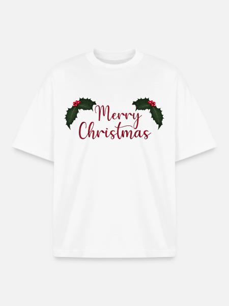 Merry Christmas lettering with holly - Boxy Heavyweight Unisex Organic T-Shirt by Stanley/Stella - white