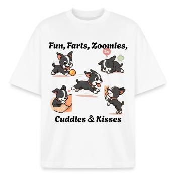 Boston - Plaisir, pets, zoomies, câlins et bisous - T-shirt unisexe boxy épais biologique Stanley/Stella - blanc - Devant - AI Model Male 185 light (185cm) & AI Model Female 172 dark (172cm)