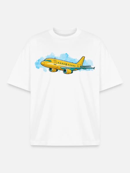 Yellow Jet Traveler Illustration - Boxy Heavyweight Unisex Organic T-Shirt by Stanley/Stella - white