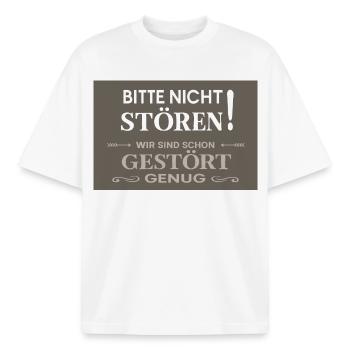 S’il vous plaît, ne dérangez pas – Nous sommes assez perturbés - T-shirt unisexe boxy épais biologique Stanley/Stella - blanc - Devant - AI Model Male 185 light (185cm) & AI Model Female 172 dark (172cm)