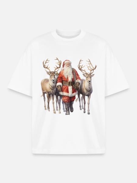 Père Noël et Rênes Élégants - T-shirt unisexe boxy épais biologique Stanley/Stella - blanc
