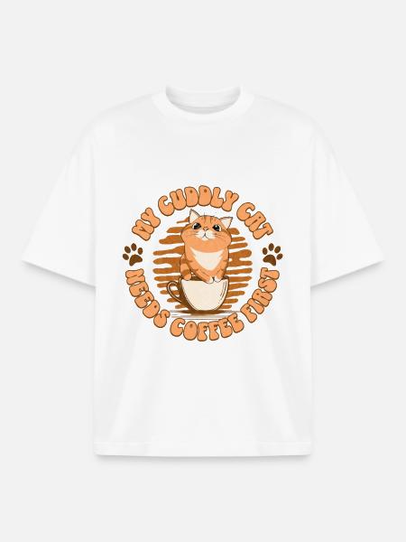 My Cuddly Cat - Needs Coffee First - Boxy Heavyweight Unisex Organic T-Shirt by Stanley/Stella - white