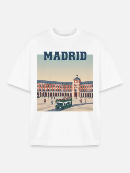 Madrid Plaza Retro Bus Scene - Boxy Heavyweight Unisex Organic T-Shirt by Stanley/Stella - white