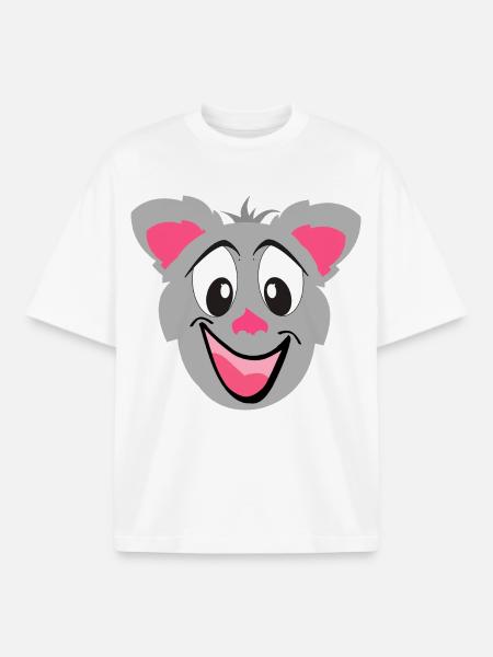 Gray Kawaii Cat Cartoon Face - Boxy Heavyweight Unisex Organic T-Shirt by Stanley/Stella - white