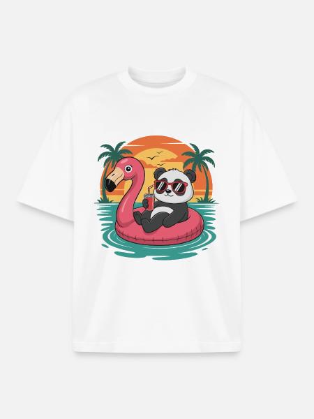 Funny Panda Tropical Summer Flamingo Float - Boxy Heavyweight Unisex Organic T-Shirt by Stanley/Stella - white