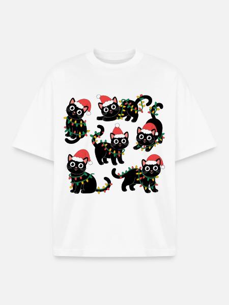 Cat Christmas Christmas Lights - Boxy Heavyweight Unisex Organic T-Shirt by Stanley/Stella - white