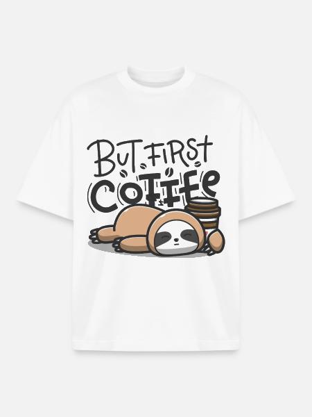 But First Coffee Sleeping Sloth - Boxy Heavyweight Unisex Organic T-Shirt by Stanley/Stella - white