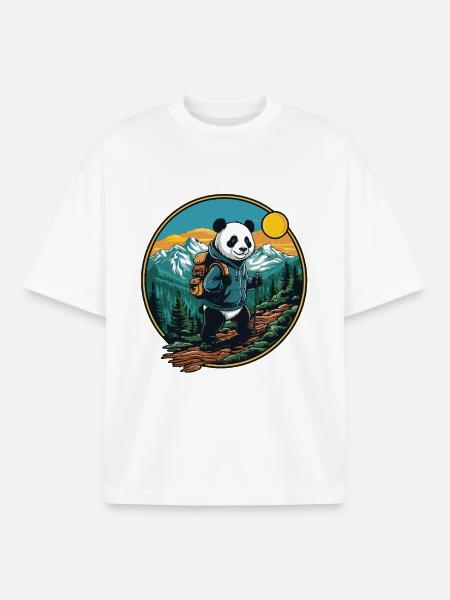 Cute Panda Hiking Camping Mountain Adventure - Boxy Heavyweight Unisex Organic T-Shirt by Stanley/Stella - white