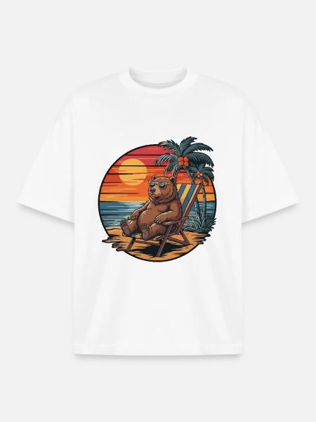 Rolig björn på stranden Sommarsemester Solnedgång - Unisex boxy heavyweight ekologisk T-shirt Stanley/Stella - vit