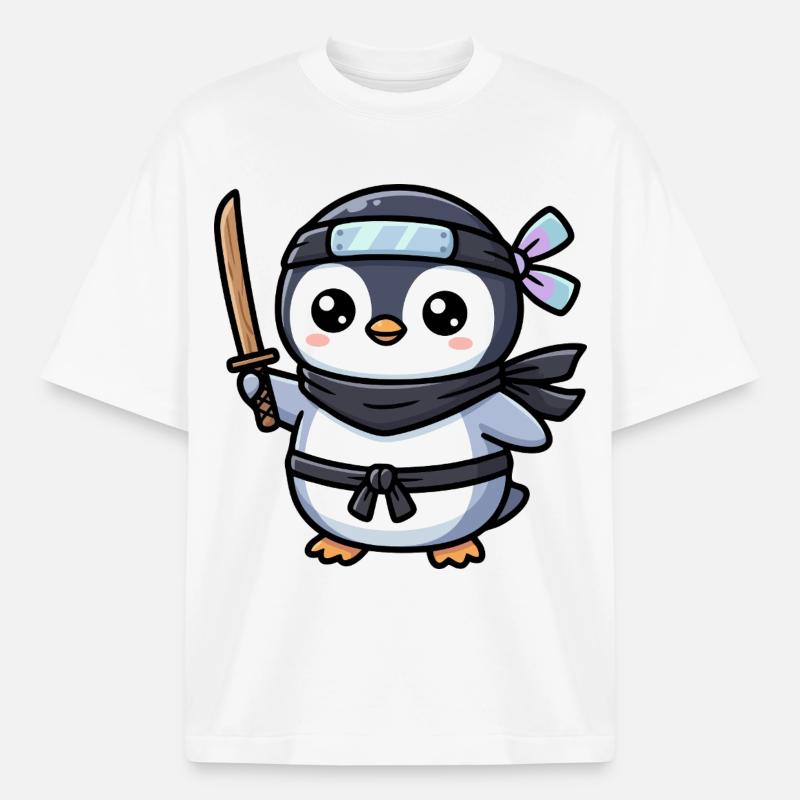 Pingouin Ninja avec Épée - T-shirt unisexe épais coupe boxy Stanley/Stella - blanc