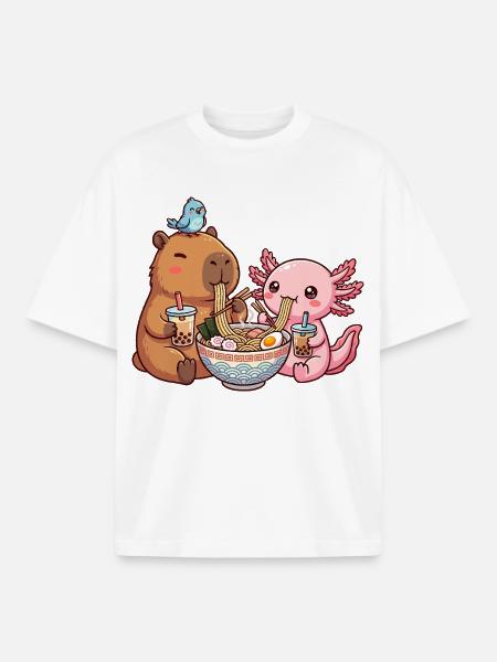 Kawaii Capybara Axolotl Ramen Bubble Tea - Boxy Heavyweight Unisex Organic T-Shirt by Stanley/Stella - white