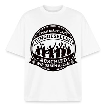 Team Bräutigam: Bachelor party – We give it our all! - Boxy Heavyweight Unisex Organic T-Shirt by Stanley/Stella - white - Front - AI Model Male 185 light (185cm) & AI Model Female 172 dark (172cm)