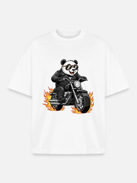 Cool Biker Panda Motorcycle Flames - Boxy Heavyweight Unisex Organic T-Shirt by Stanley/Stella - white