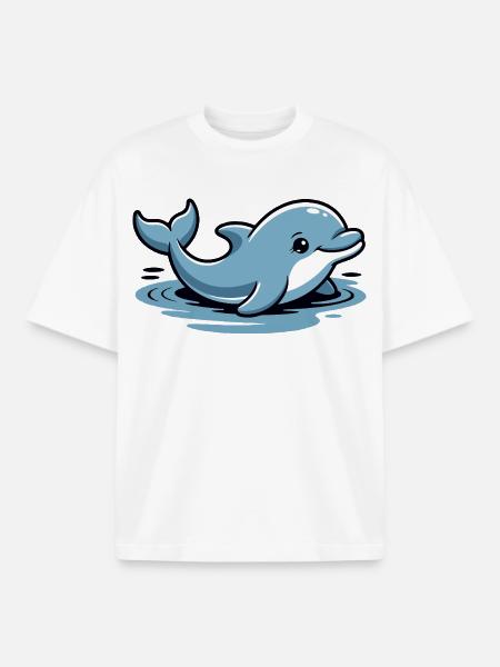 Blue Dolphin Cartoon Waves - Boxy Heavyweight Unisex Organic T-Shirt by Stanley/Stella - white