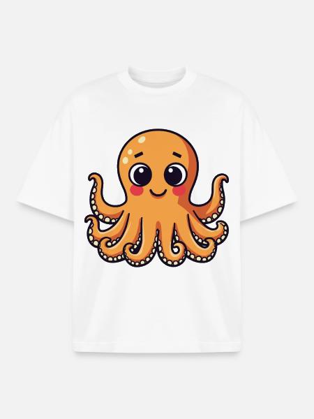 Cute Squid Smiling Octopus Kawaii - Boxy Heavyweight Unisex Organic T-Shirt by Stanley/Stella - white