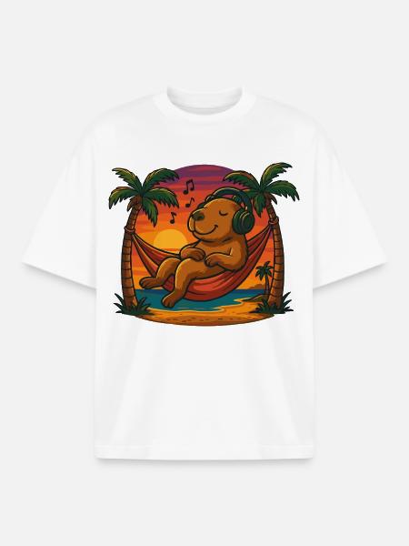 Relaxing Capybara Hammock Sunset Music Headphones - Boxy Heavyweight Unisex Organic T-Shirt by Stanley/Stella - white
