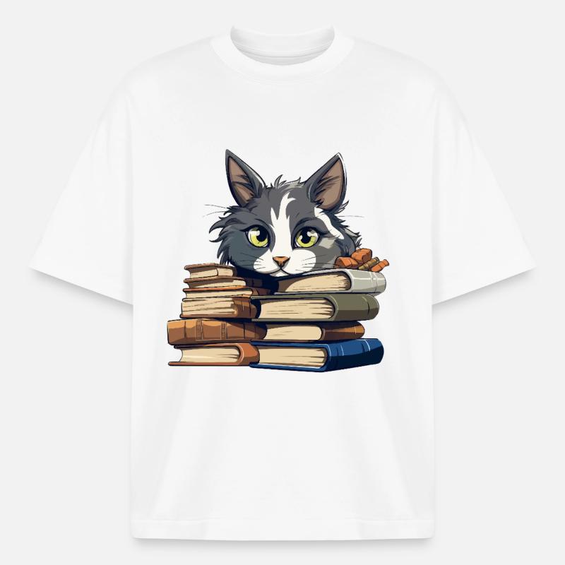 Book Stack Cat Bibliophile - Boxy Heavyweight Unisex Organic T-Shirt by Stanley/Stella - white