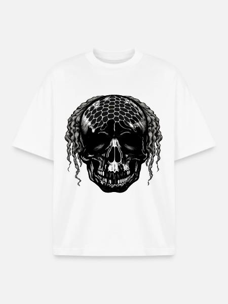 Skull with Mesh Pattern Dreadlocks - Boxy Heavyweight Unisex Organic T-Shirt by Stanley/Stella - white