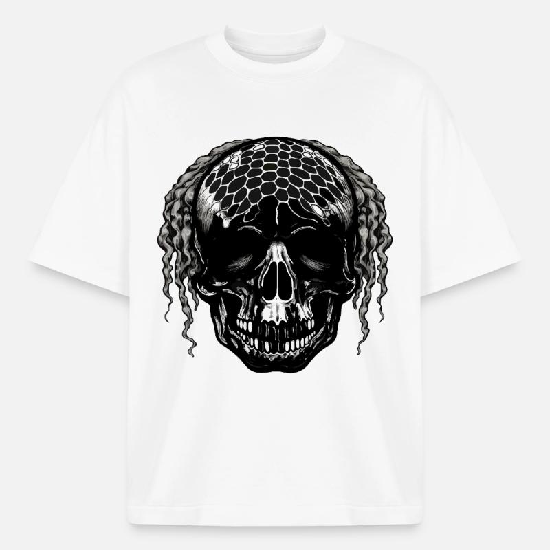Skull with Mesh Pattern Dreadlocks - Boxy Heavyweight Unisex Organic T-Shirt by Stanley/Stella - white