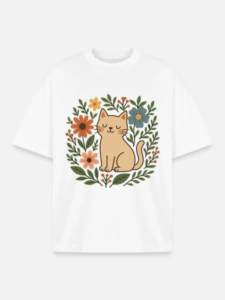 Floral Cat Among Blooms - Boxy Heavyweight Unisex Organic T-Shirt by Stanley/Stella - white