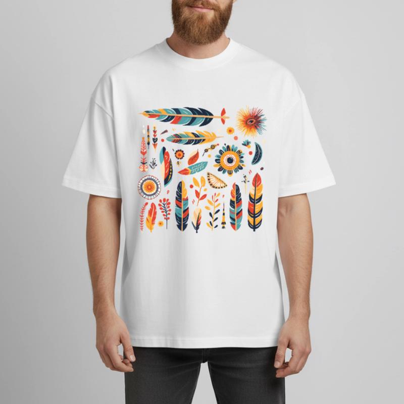 Boho Feather and Flowers Pattern Boxy Heavyweight Unisex Organic T-Shirt by Stanley/Stella